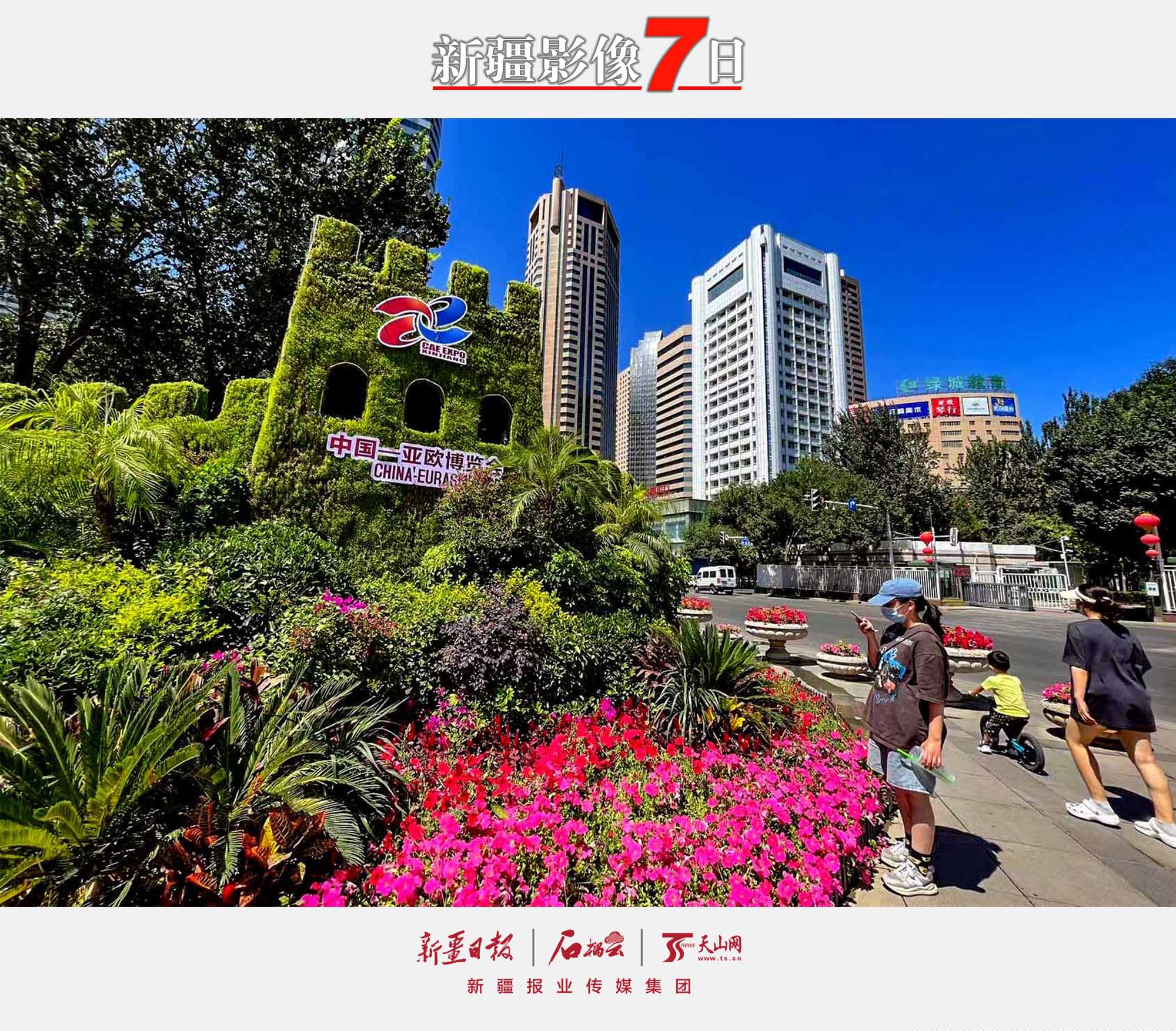 8月7日，市民在烏魯木齊人民廣場的第七屆中國—亞歐博覽會主題花壇前拍照。隨著第七屆中國—亞歐博覽會的臨近，烏魯木齊市各主要路口擺放了以第七屆中國—亞歐博覽會為主題的鮮花花壇，成為一道美麗的風(fēng)景線。石榴云/新疆日報記者 約提克爾·尼加提攝
